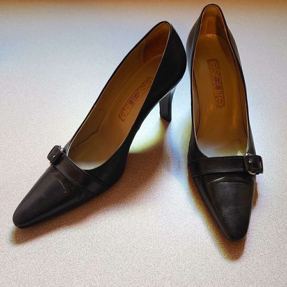 Black Pointed Toe Buckle Heels - Picture 2 of 10